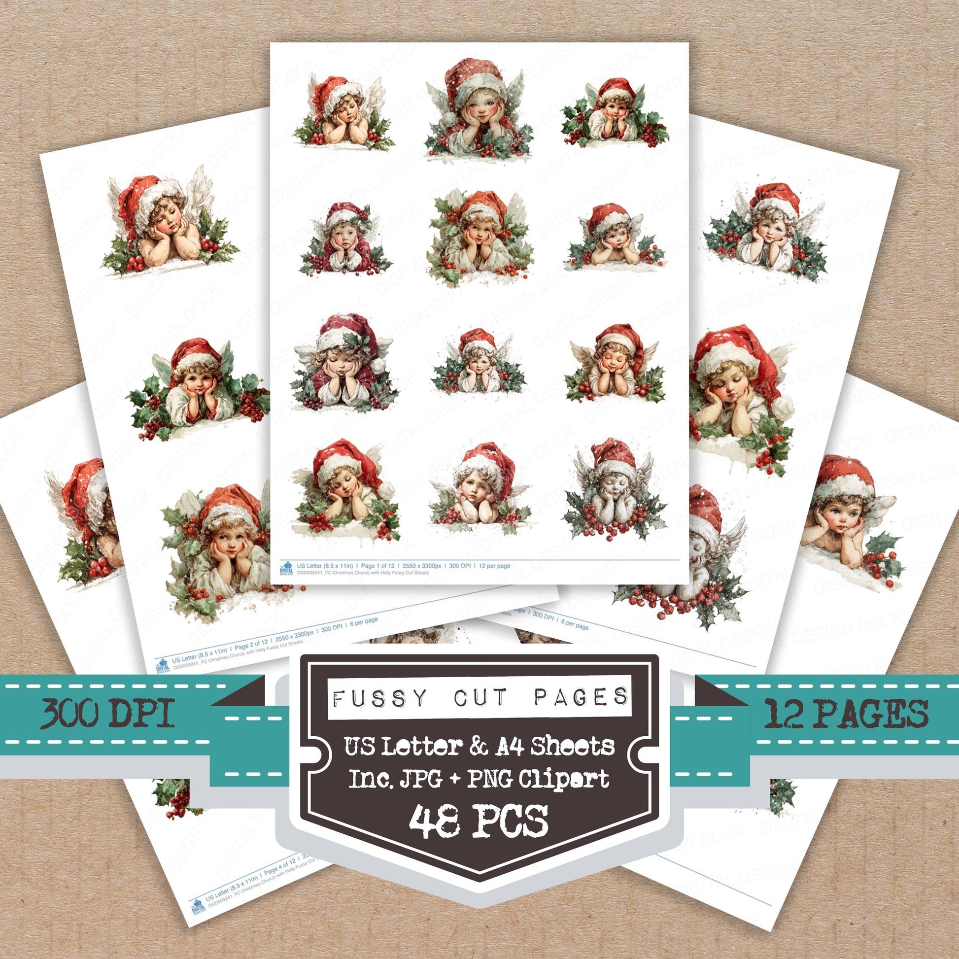 Christmas Cherub with Holly fussy cut printable sheets for junk journaling, scrapbooking, and paper craft projects