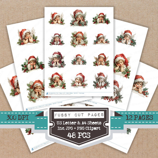 Christmas Cherub with Holly fussy cut printable sheets for junk journaling, scrapbooking, and paper craft projects