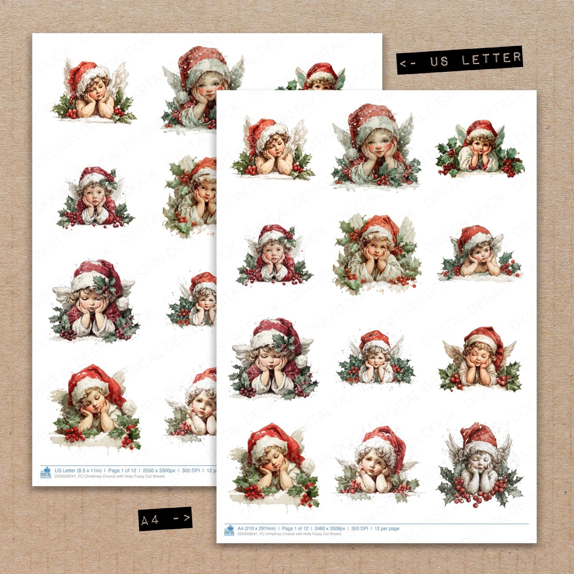 A4 and US Letter format comparison showing Christmas Cherub with Holly fussy cut pages for print and cut crafting