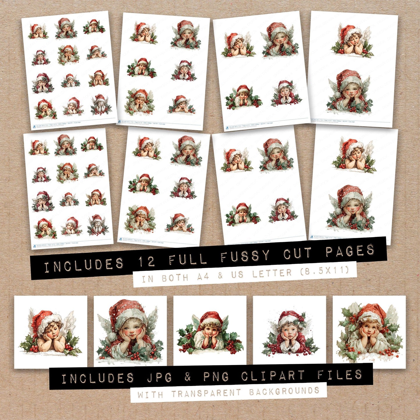 Full collection view of Christmas Cherub with Holly fussy cut sheets with bonus clipart JPG and PNG files