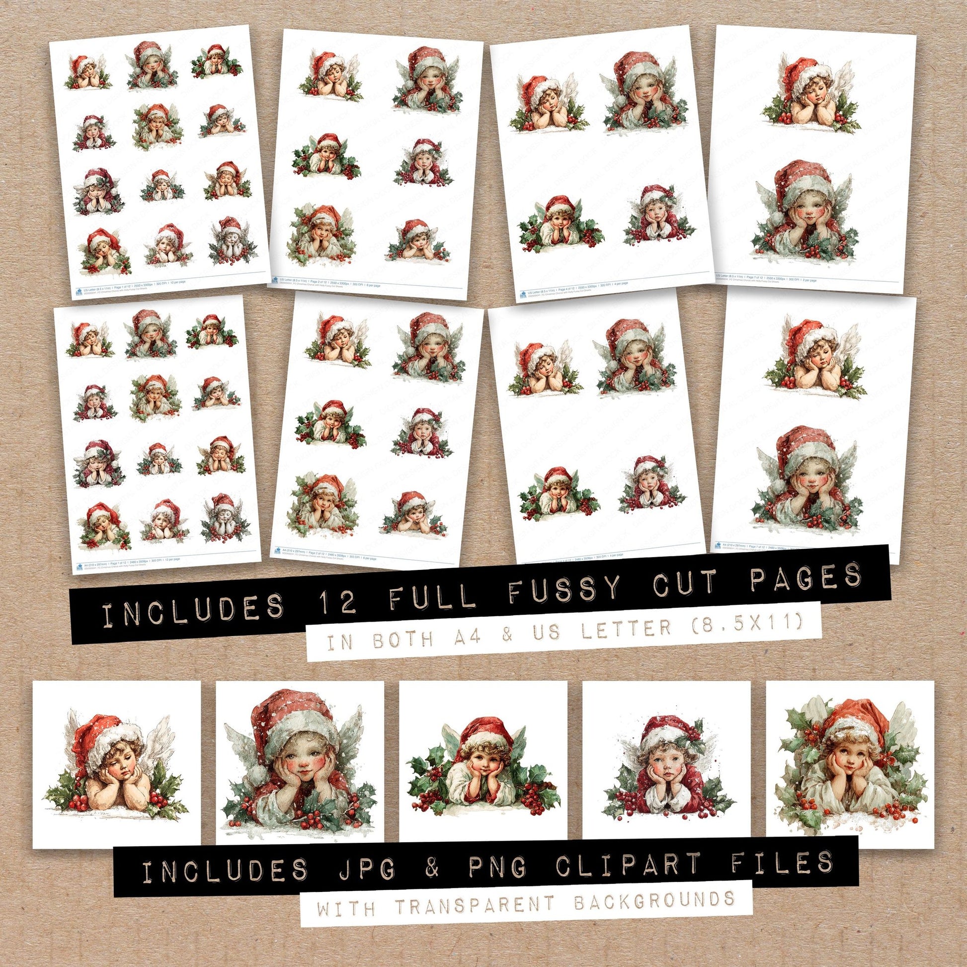 Full collection view of Christmas Cherub with Holly fussy cut sheets with bonus clipart JPG and PNG files