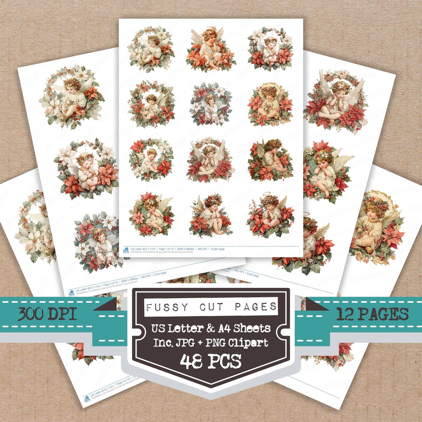 Christmas Cherub with Poinsettia fussy cut printable sheets for junk journaling, scrapbooking, and paper craft projects