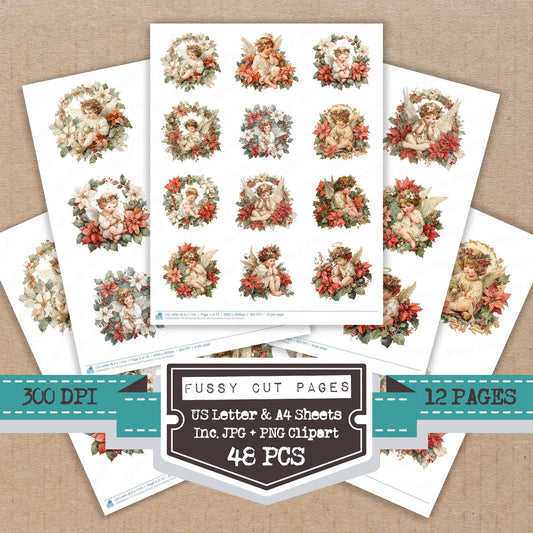 Christmas Cherub with Poinsettia fussy cut printable sheets for junk journaling, scrapbooking, and paper craft projects