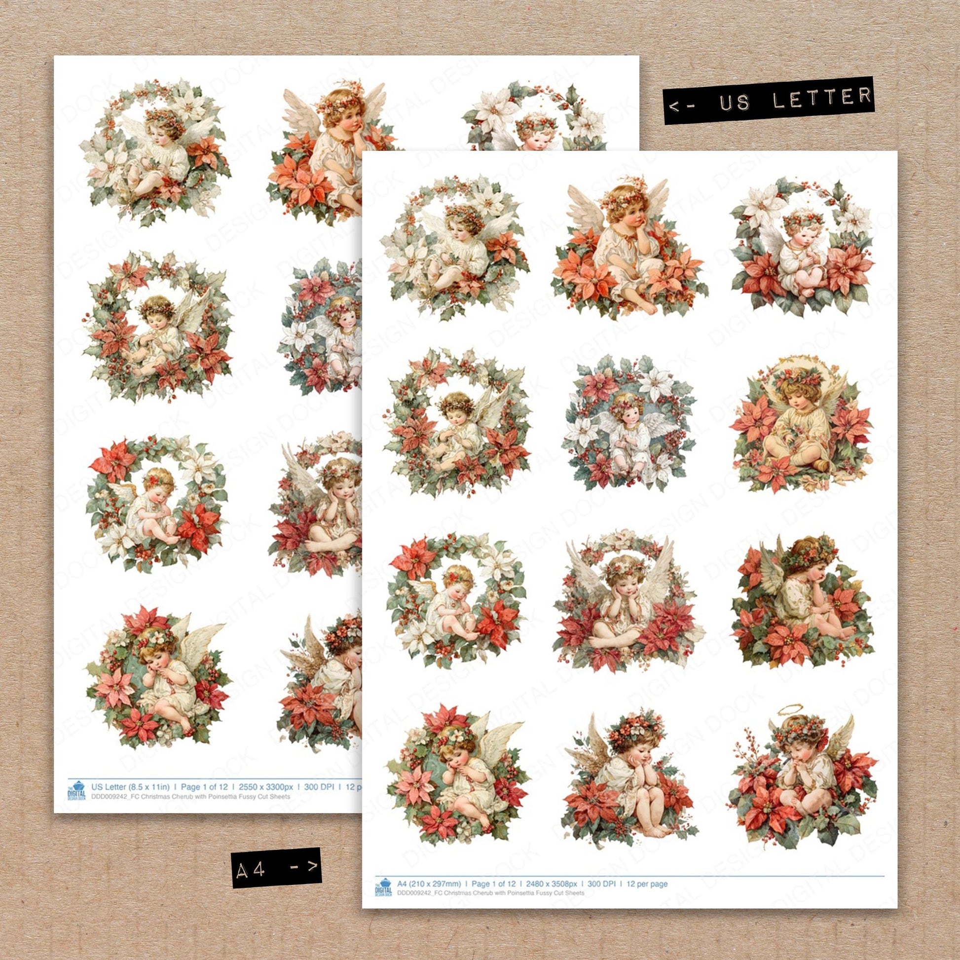 A4 and US Letter format comparison showing Christmas Cherub with Poinsettia fussy cut pages for print and cut crafting