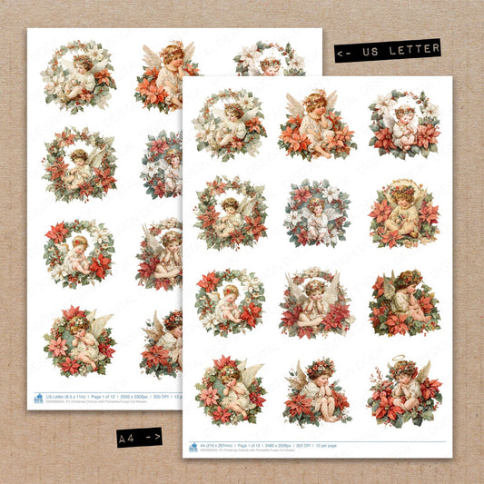 A4 and US Letter format comparison showing Christmas Cherub with Poinsettia fussy cut pages for print and cut crafting
