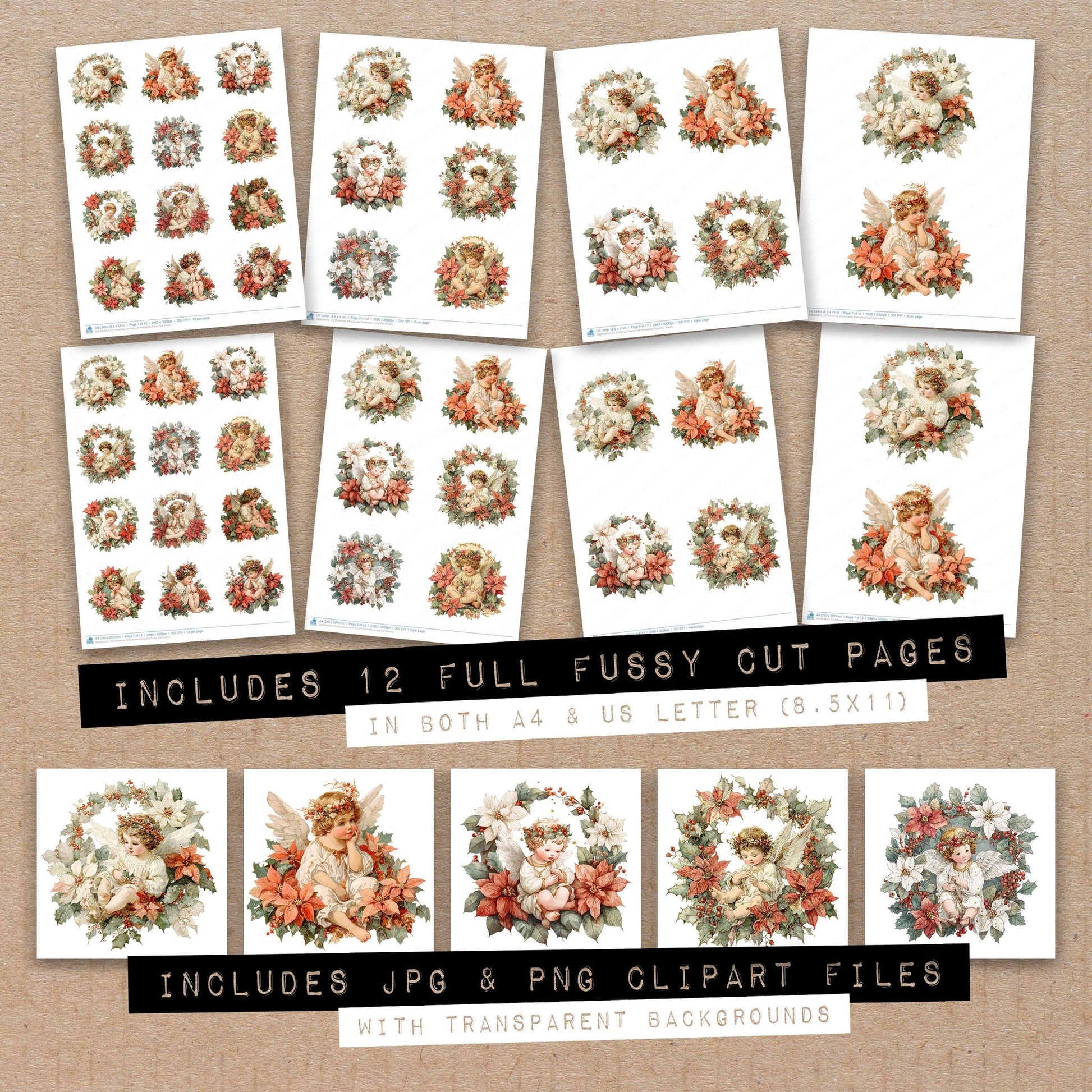 Full collection view of Christmas Cherub with Poinsettia fussy cut sheets with bonus clipart JPG and PNG files