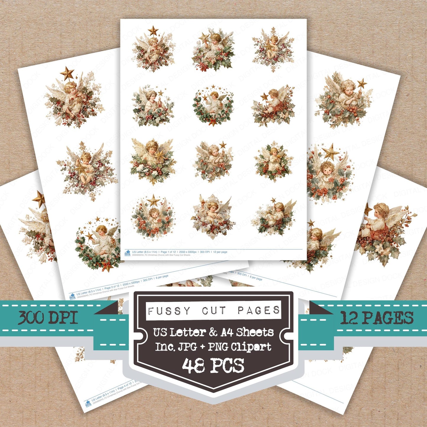Christmas Cherub with Star fussy cut printable sheets for junk journaling, scrapbooking, and paper craft projects