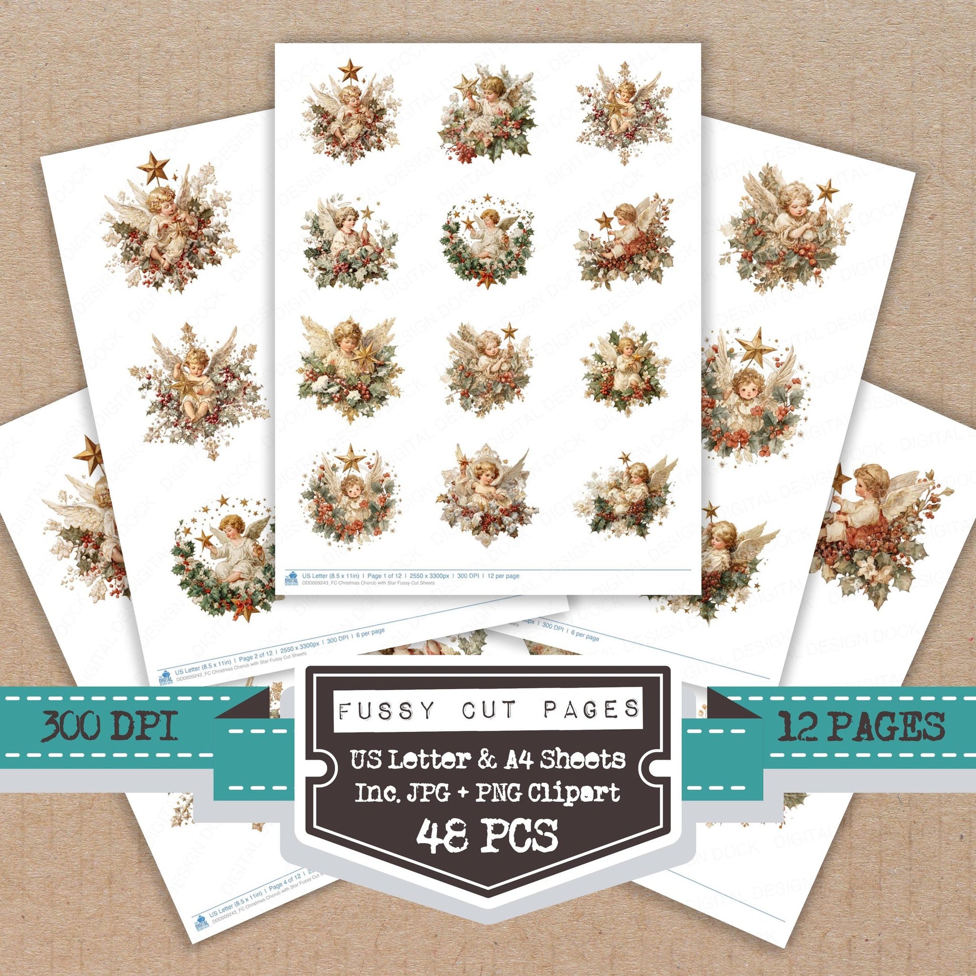 Christmas Cherub with Star fussy cut printable sheets for junk journaling, scrapbooking, and paper craft projects