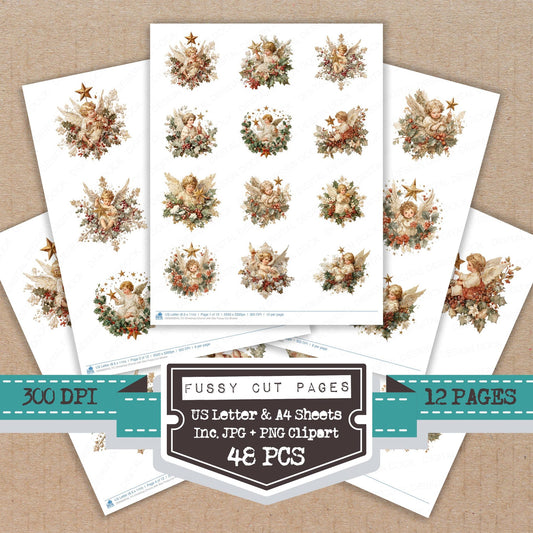 Christmas Cherub with Star fussy cut printable sheets for junk journaling, scrapbooking, and paper craft projects
