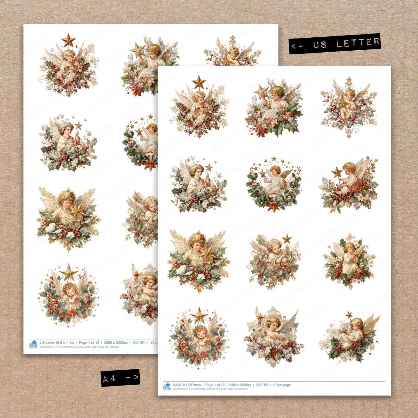 A4 and US Letter format comparison showing Christmas Cherub with Star fussy cut pages for print and cut crafting
