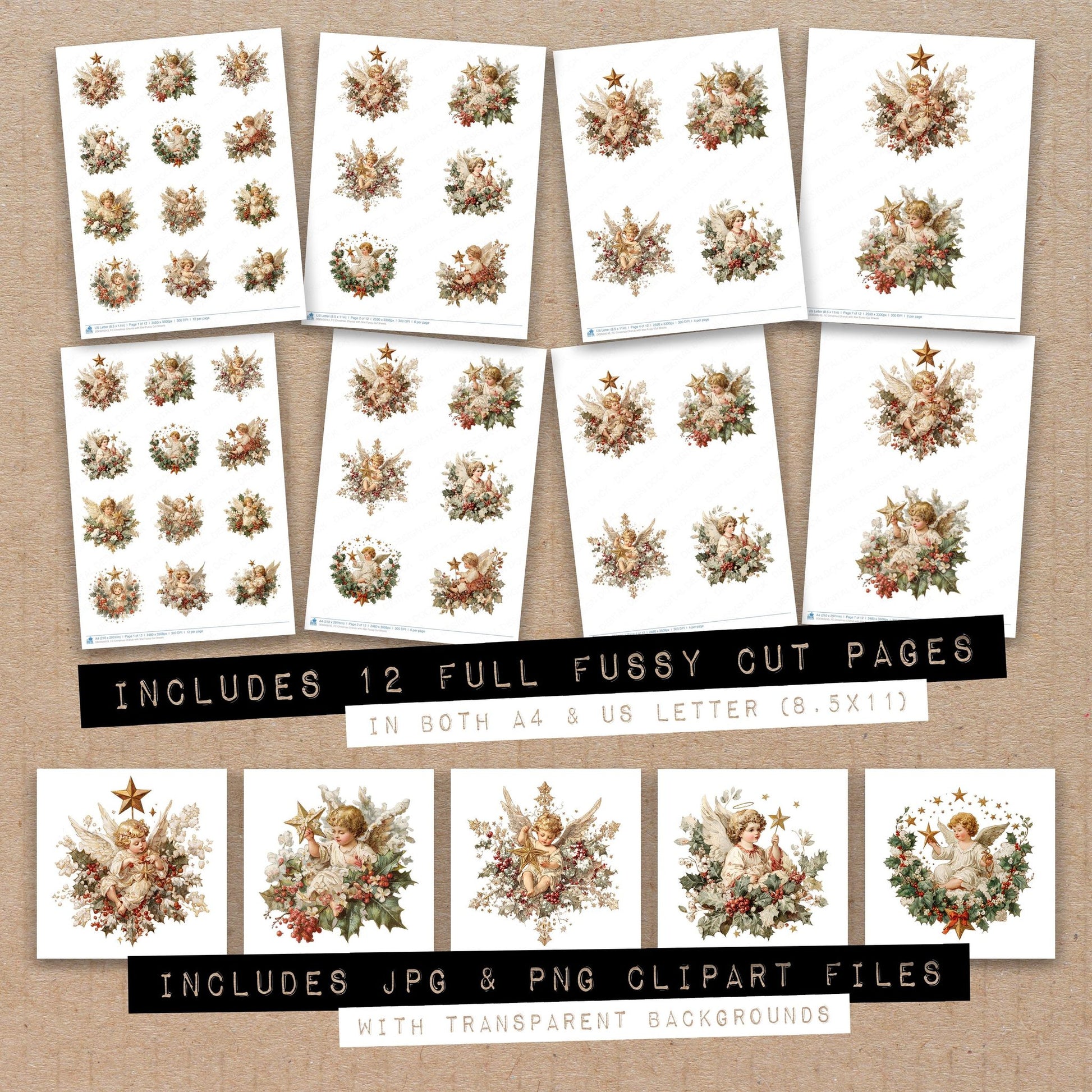 Full collection view of Christmas Cherub with Star fussy cut sheets with bonus clipart JPG and PNG files