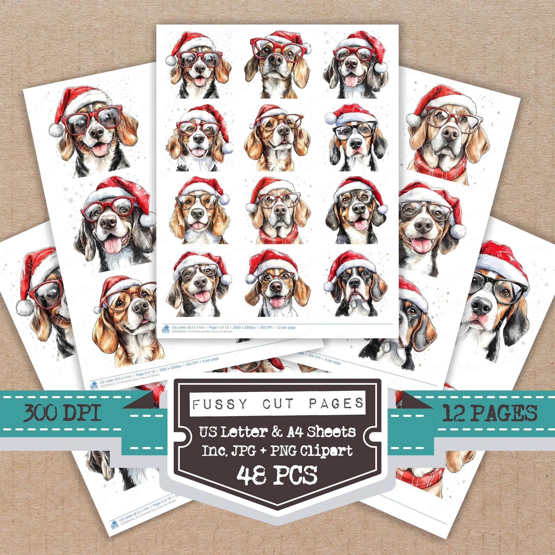 Christmas Dog fussy cut printable sheets for junk journaling, scrapbooking, and paper craft projects
