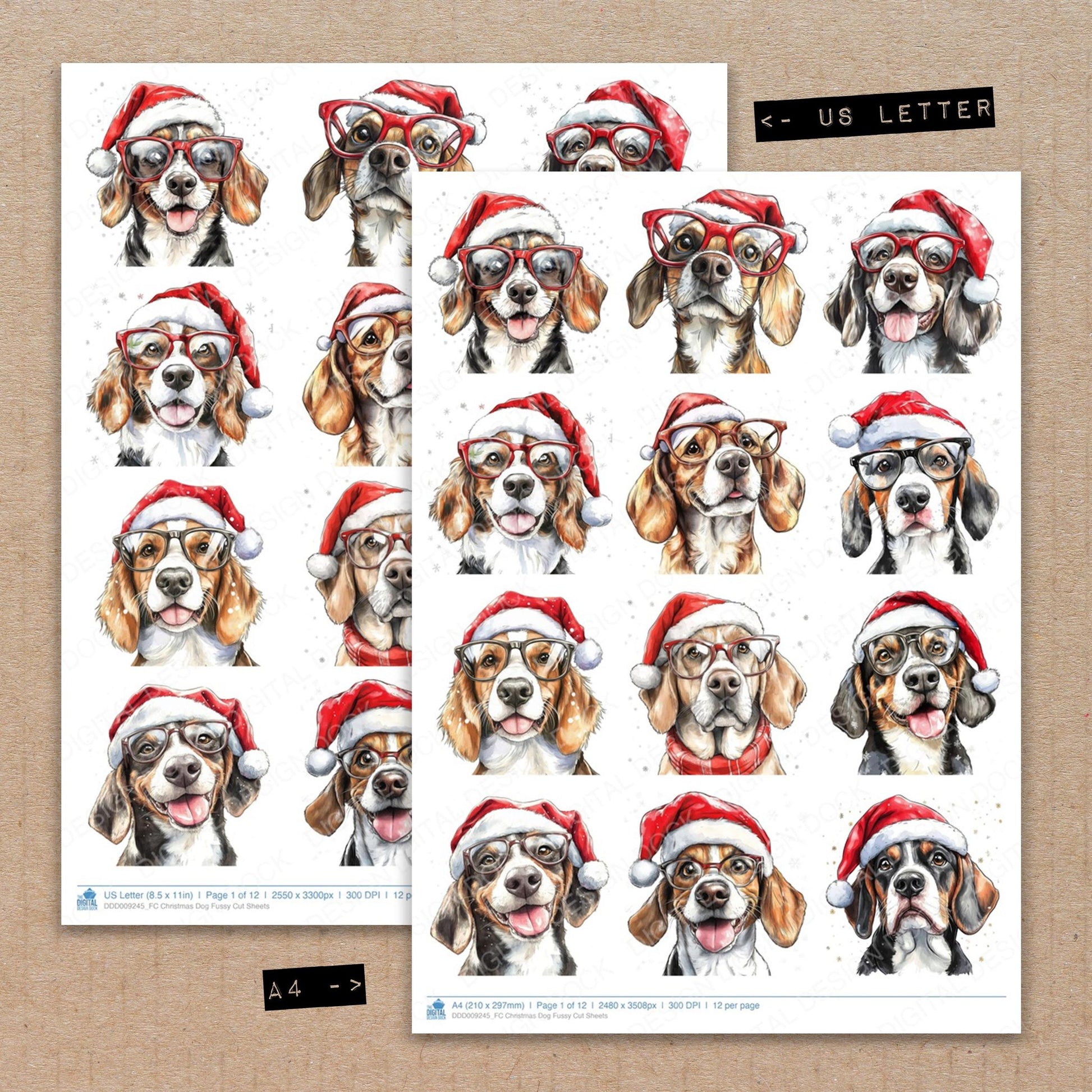 A4 and US Letter format comparison showing Christmas Dog fussy cut pages for print and cut crafting