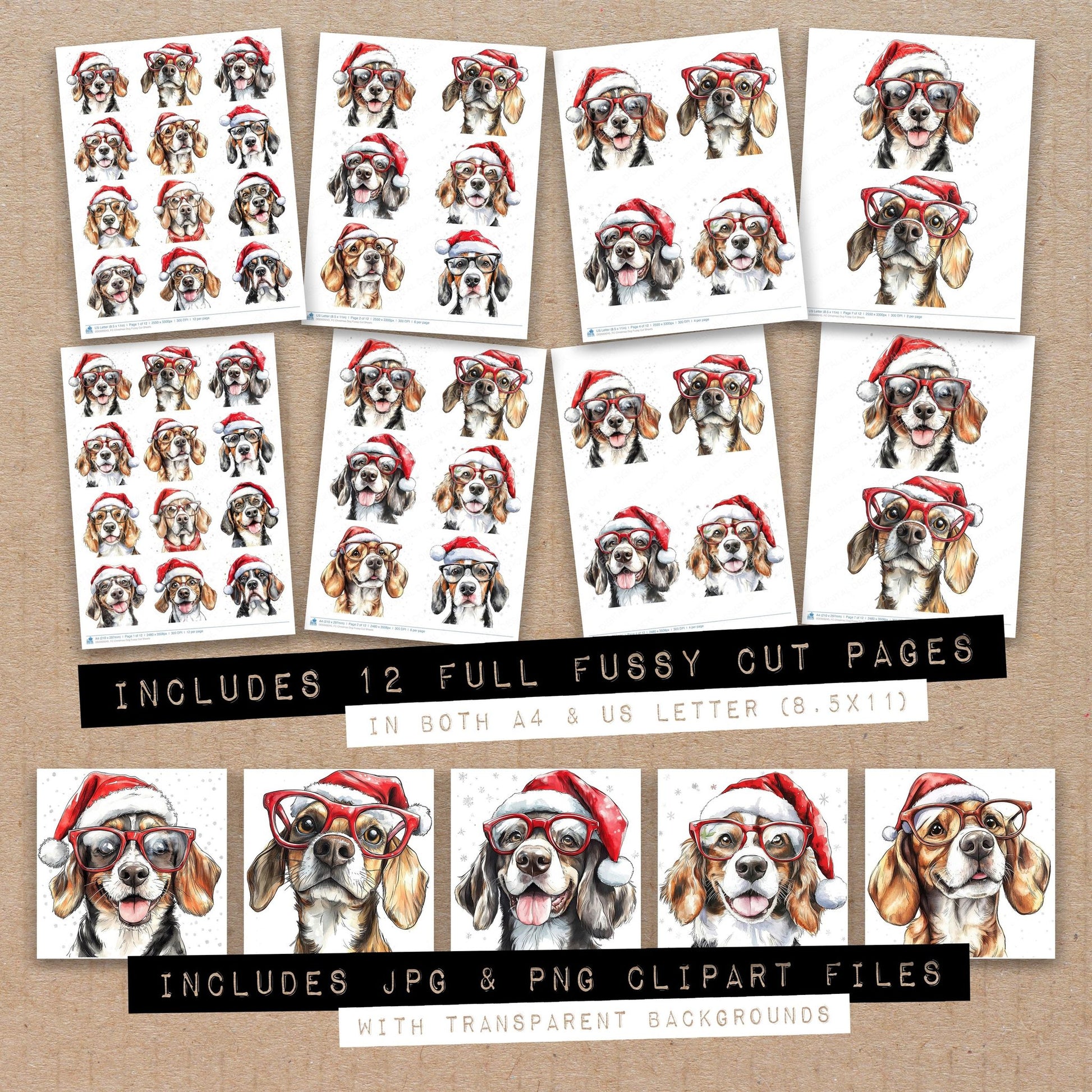 Full collection view of Christmas Dog fussy cut sheets with bonus clipart JPG and PNG files