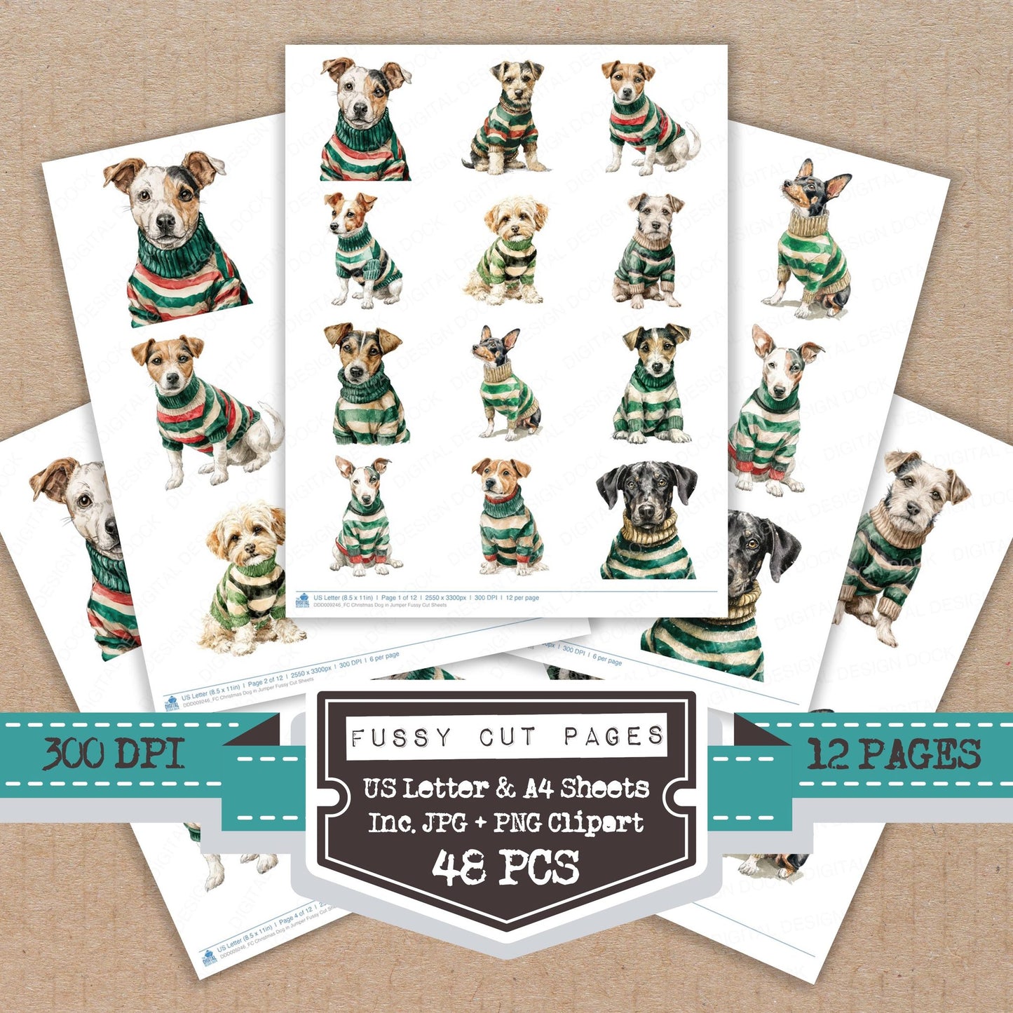 Christmas Dog in Jumper fussy cut printable sheets for junk journaling, scrapbooking, and paper craft projects