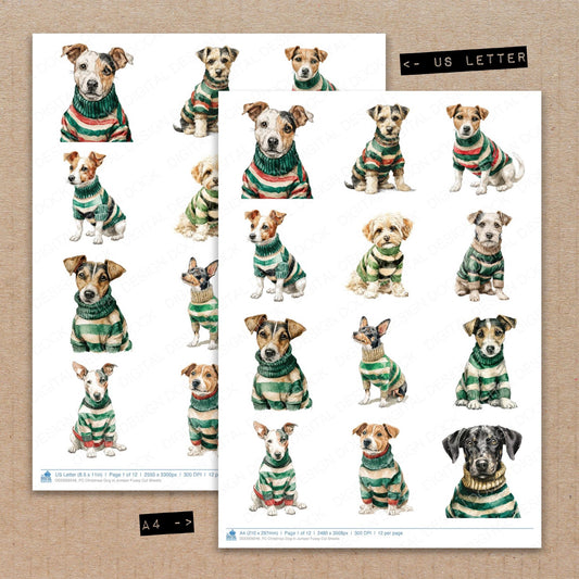 A4 and US Letter format comparison showing Christmas Dog in Jumper fussy cut pages for print and cut crafting