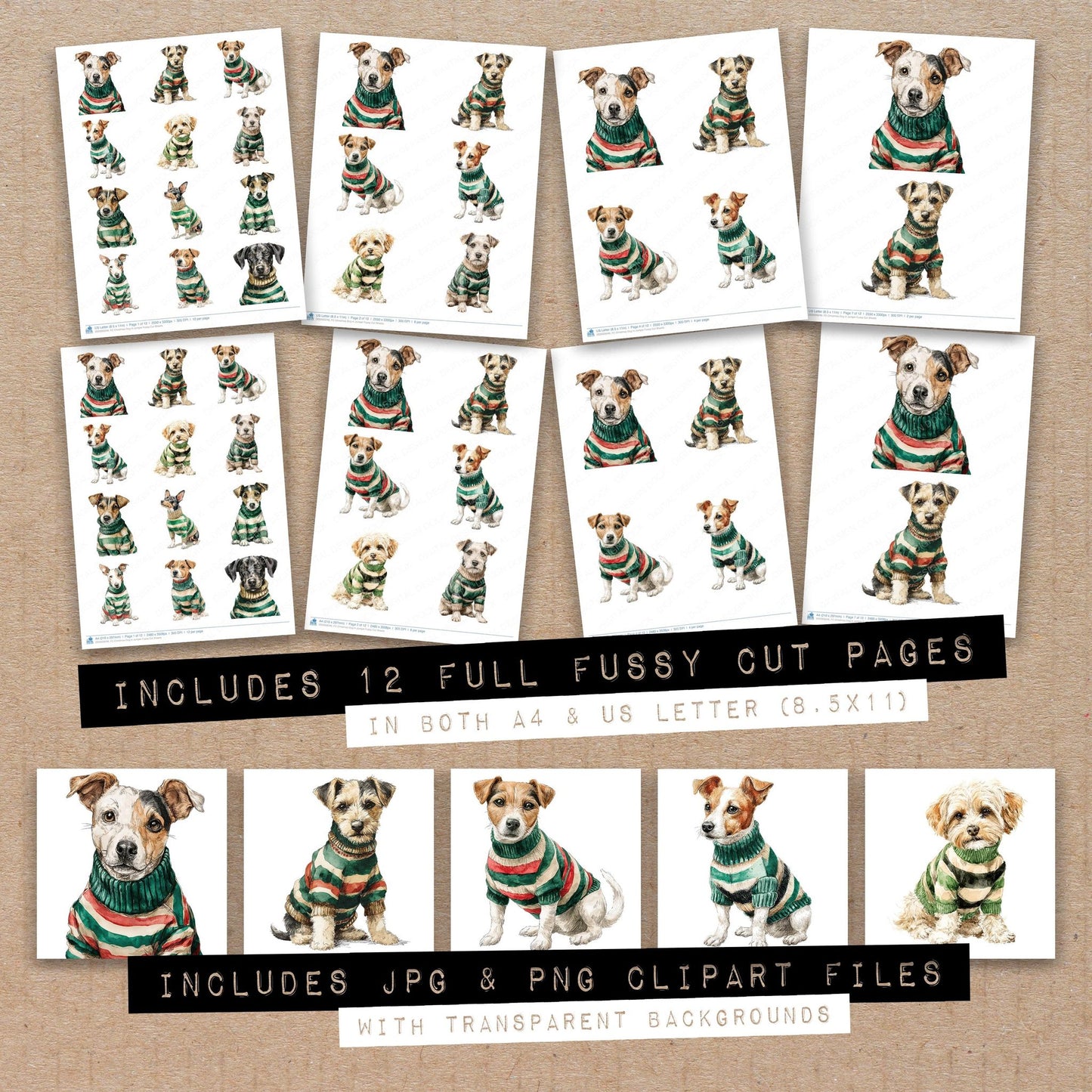 Full collection view of Christmas Dog in Jumper fussy cut sheets with bonus clipart JPG and PNG files