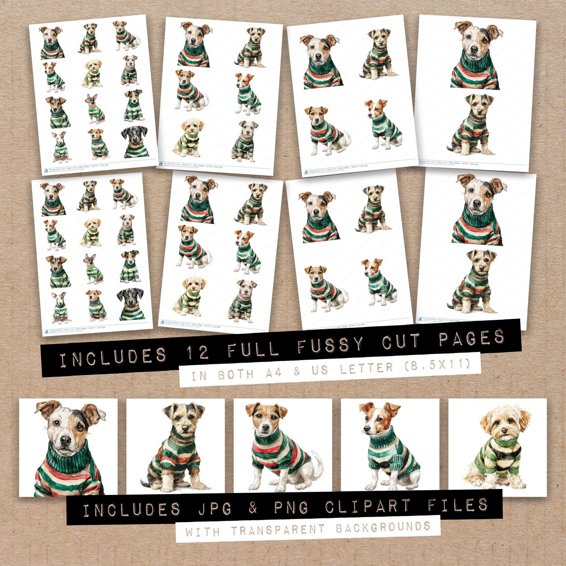 Full collection view of Christmas Dog in Jumper fussy cut sheets with bonus clipart JPG and PNG files