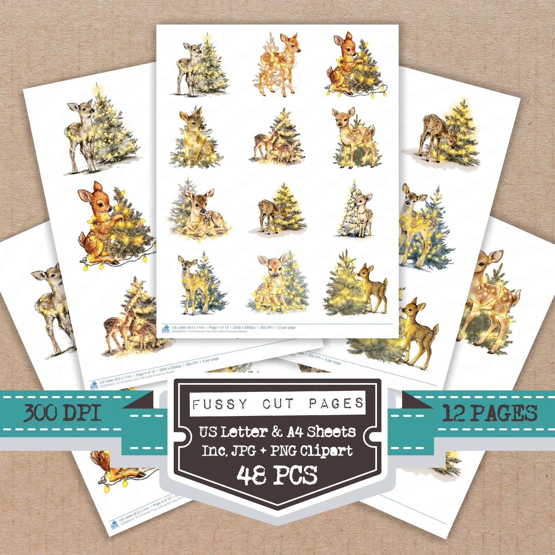Christmas Fawn with Lights fussy cut printable sheets for junk journaling, scrapbooking, and paper craft projects