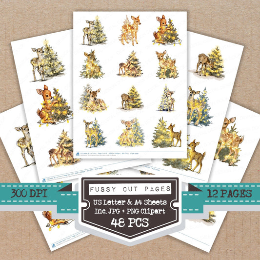 Christmas Fawn with Lights fussy cut printable sheets for junk journaling, scrapbooking, and paper craft projects