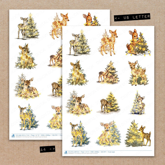 A4 and US Letter format comparison showing Christmas Fawn with Lights fussy cut pages for print and cut crafting