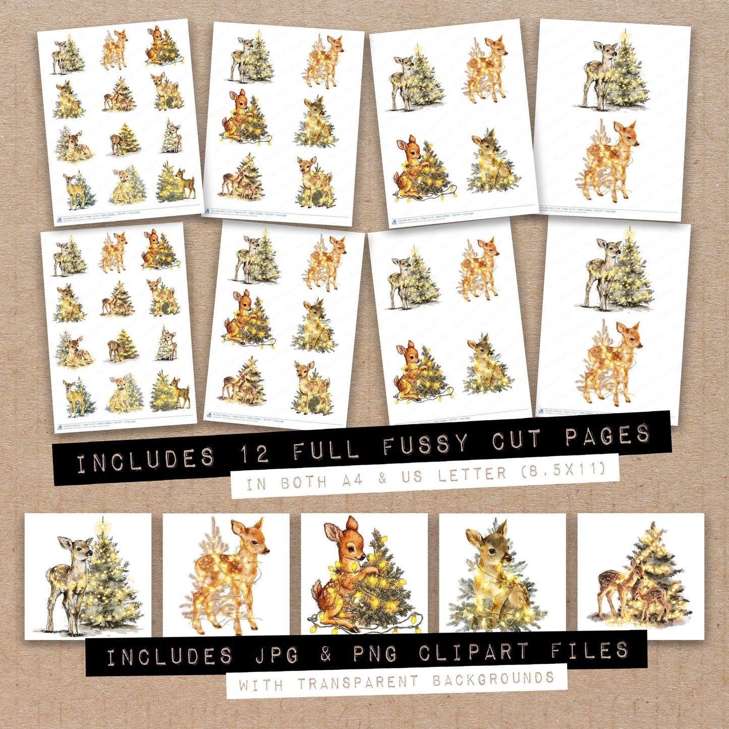 Full collection view of Christmas Fawn with Lights fussy cut sheets with bonus clipart JPG and PNG files