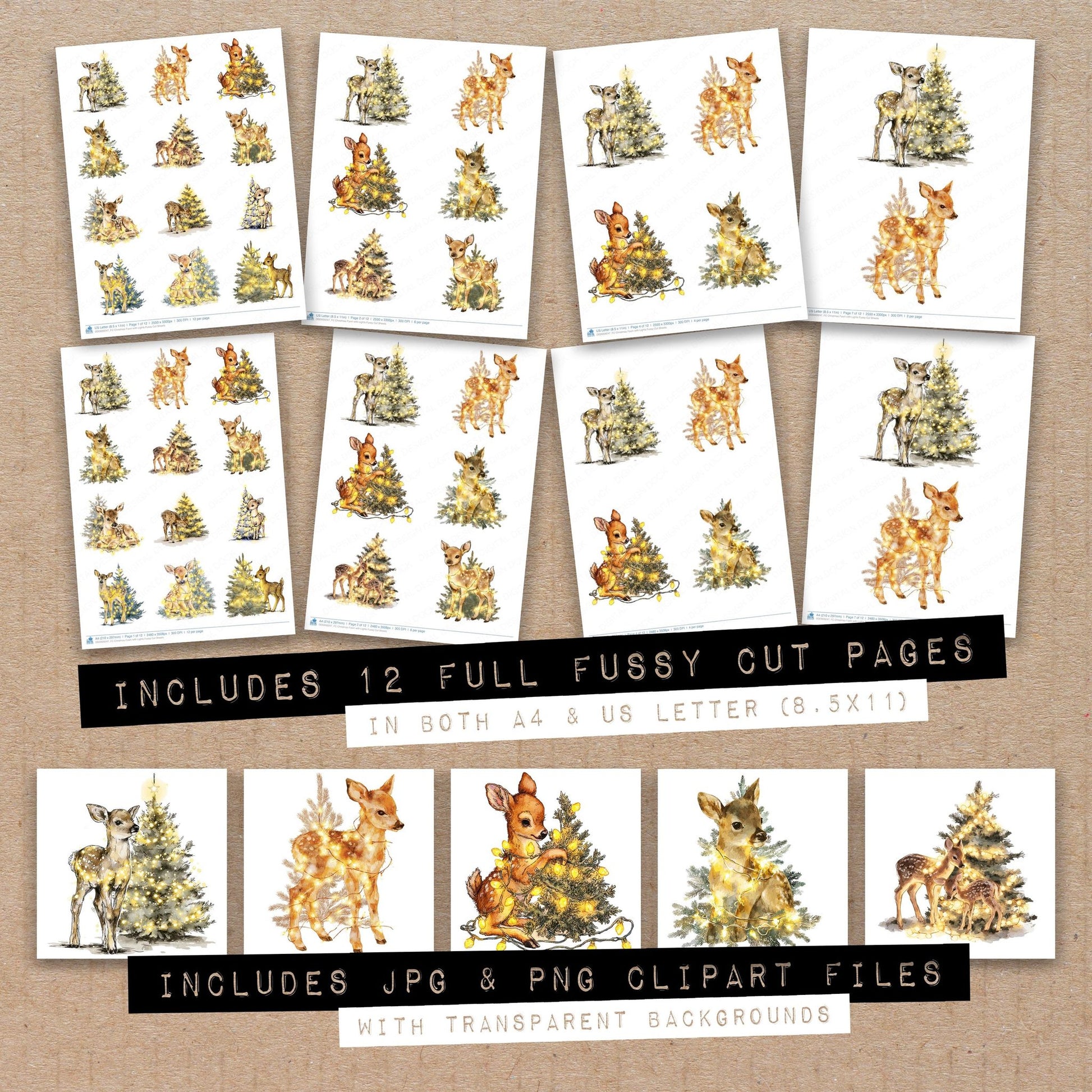 Full collection view of Christmas Fawn with Lights fussy cut sheets with bonus clipart JPG and PNG files