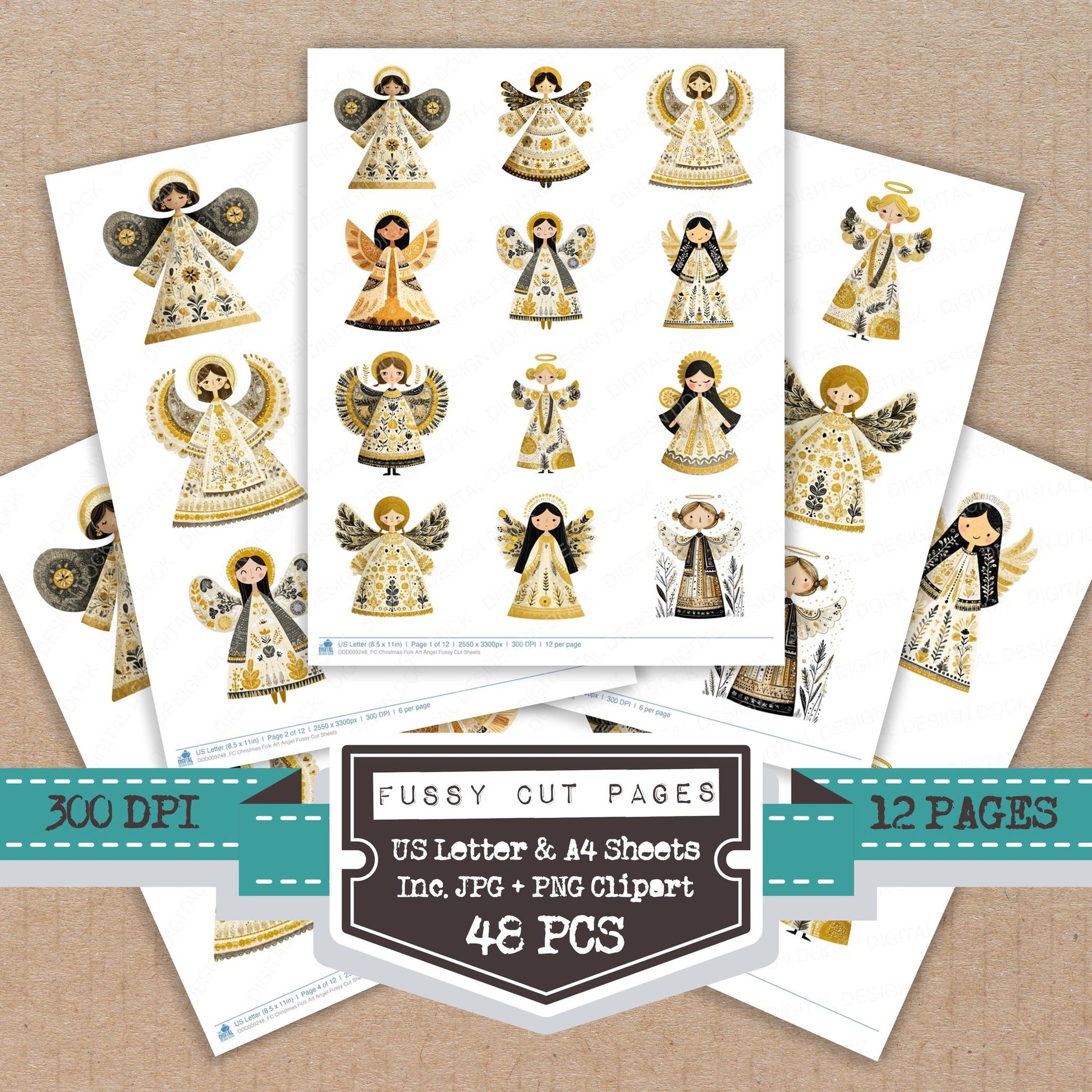 Christmas Folk Art Angel fussy cut printable sheets for junk journaling, scrapbooking, and paper craft projects