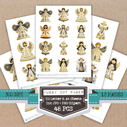 Christmas Folk Art Angel fussy cut printable sheets for junk journaling, scrapbooking, and paper craft projects