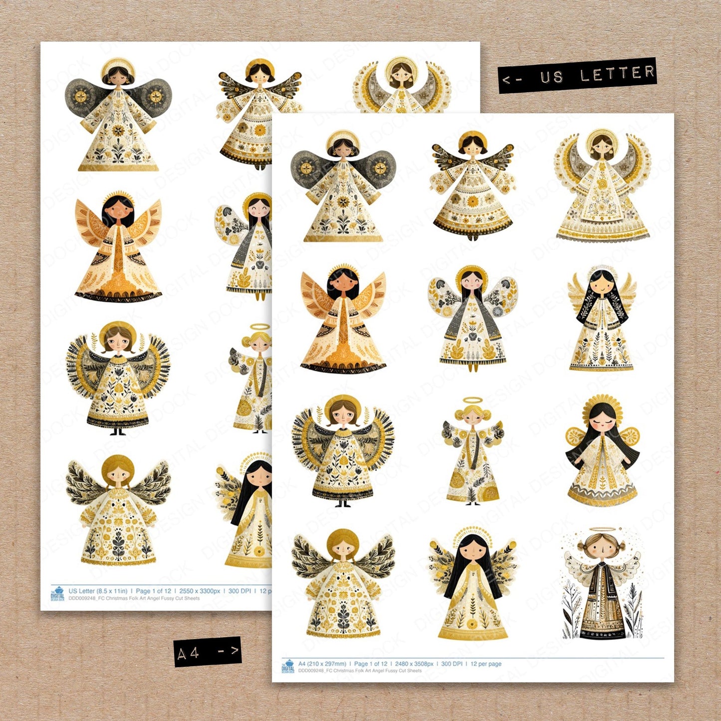 A4 and US Letter format comparison showing Christmas Folk Art Angel fussy cut pages for print and cut crafting