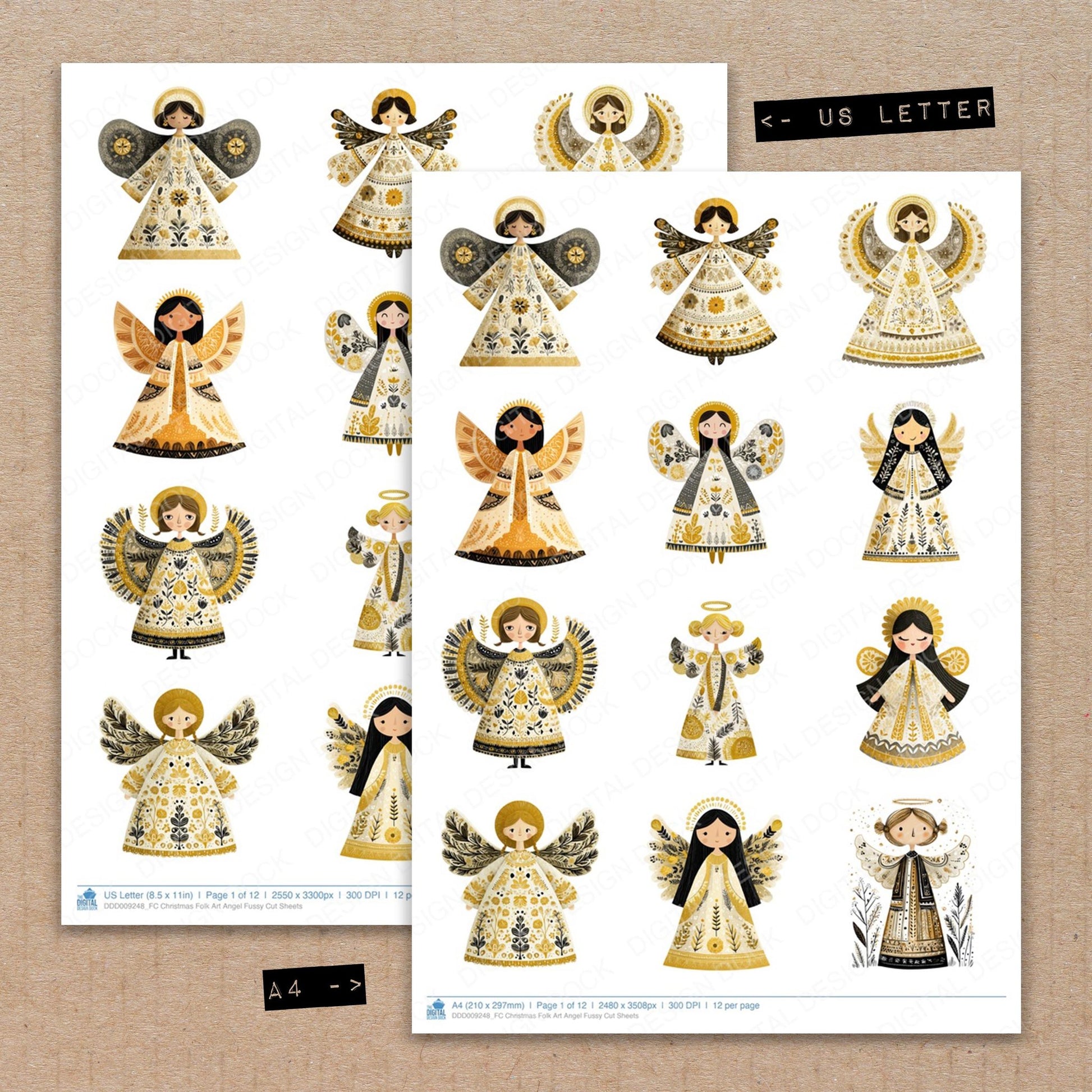 A4 and US Letter format comparison showing Christmas Folk Art Angel fussy cut pages for print and cut crafting