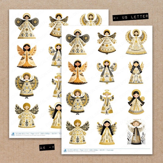 A4 and US Letter format comparison showing Christmas Folk Art Angel fussy cut pages for print and cut crafting