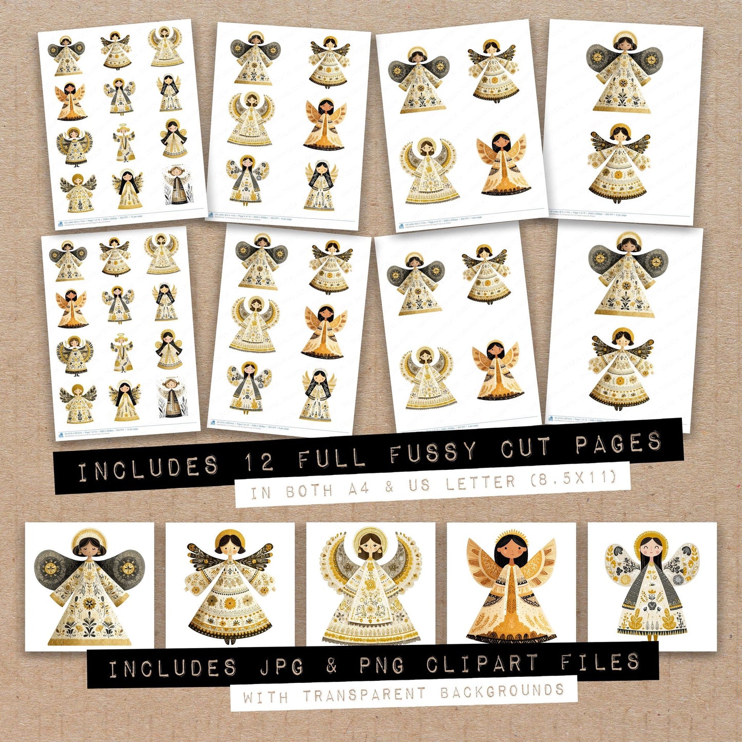 Full collection view of Christmas Folk Art Angel fussy cut sheets with bonus clipart JPG and PNG files