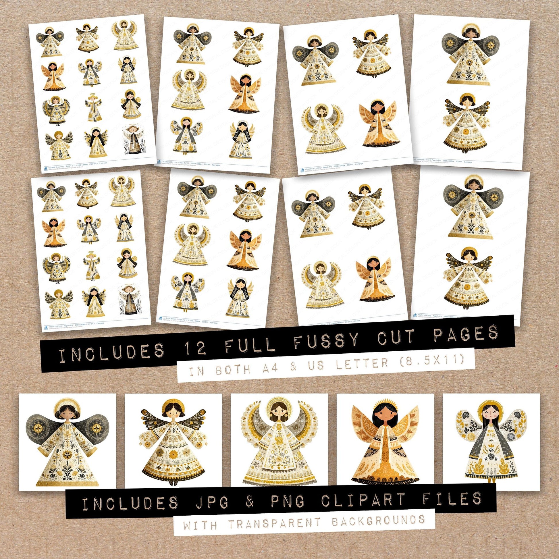 Full collection view of Christmas Folk Art Angel fussy cut sheets with bonus clipart JPG and PNG files