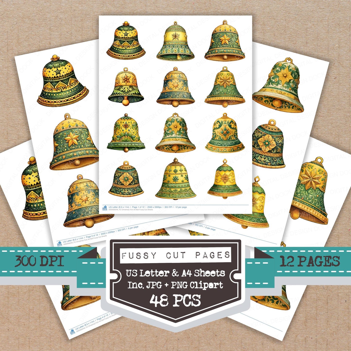Christmas Folk Art Bell fussy cut printable sheets for junk journaling, scrapbooking, and paper craft projects