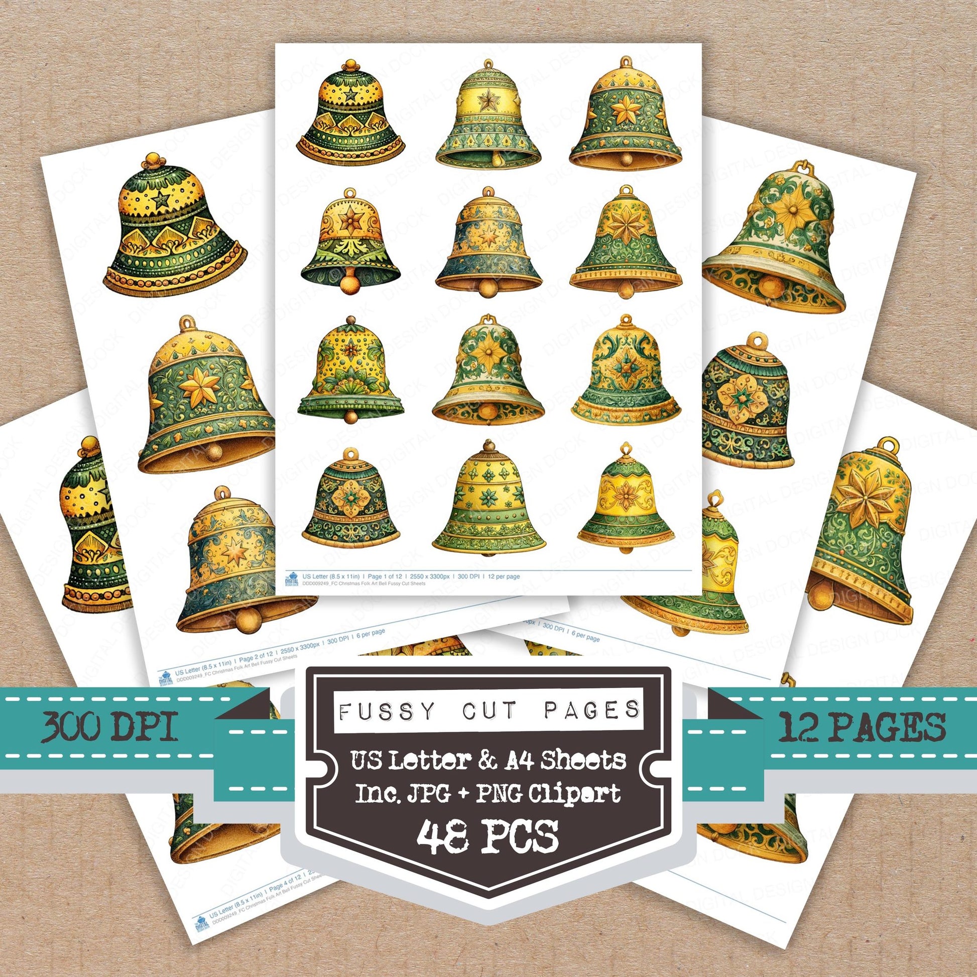 Christmas Folk Art Bell fussy cut printable sheets for junk journaling, scrapbooking, and paper craft projects