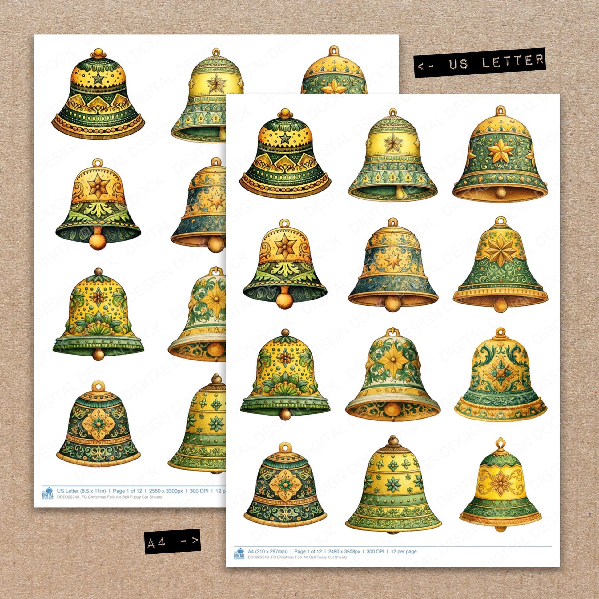 A4 and US Letter format comparison showing Christmas Folk Art Bell fussy cut pages for print and cut crafting