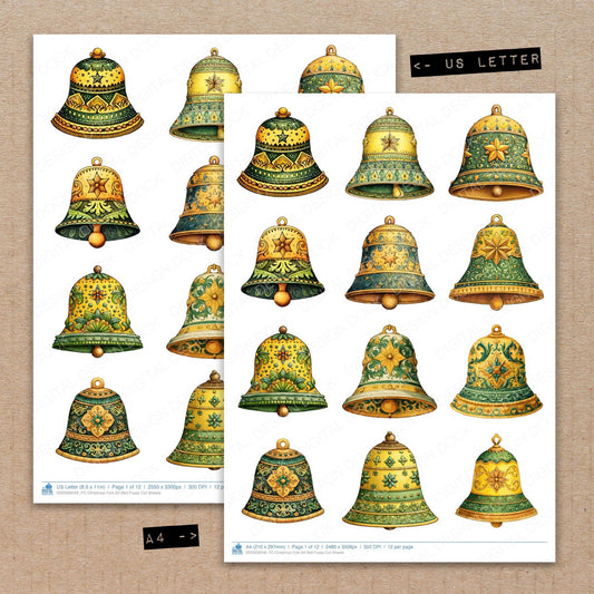 A4 and US Letter format comparison showing Christmas Folk Art Bell fussy cut pages for print and cut crafting