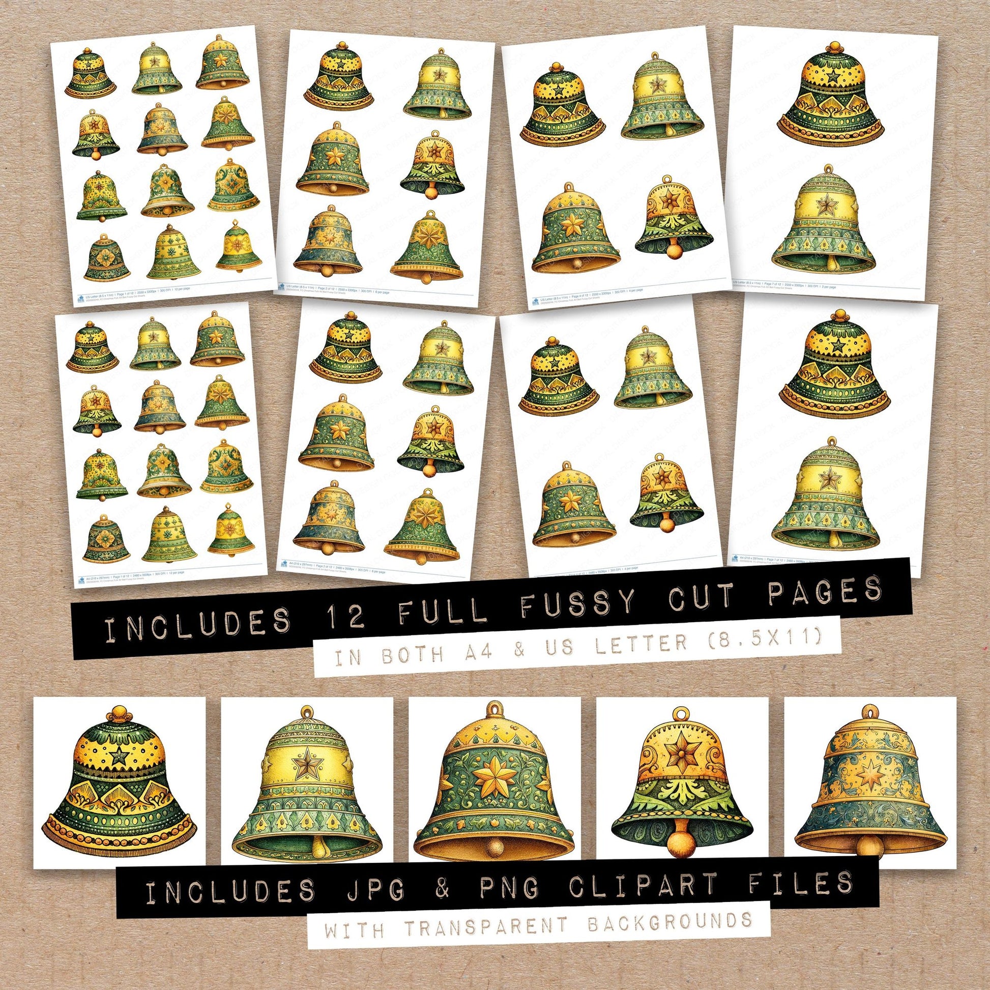 Full collection view of Christmas Folk Art Bell fussy cut sheets with bonus clipart JPG and PNG files