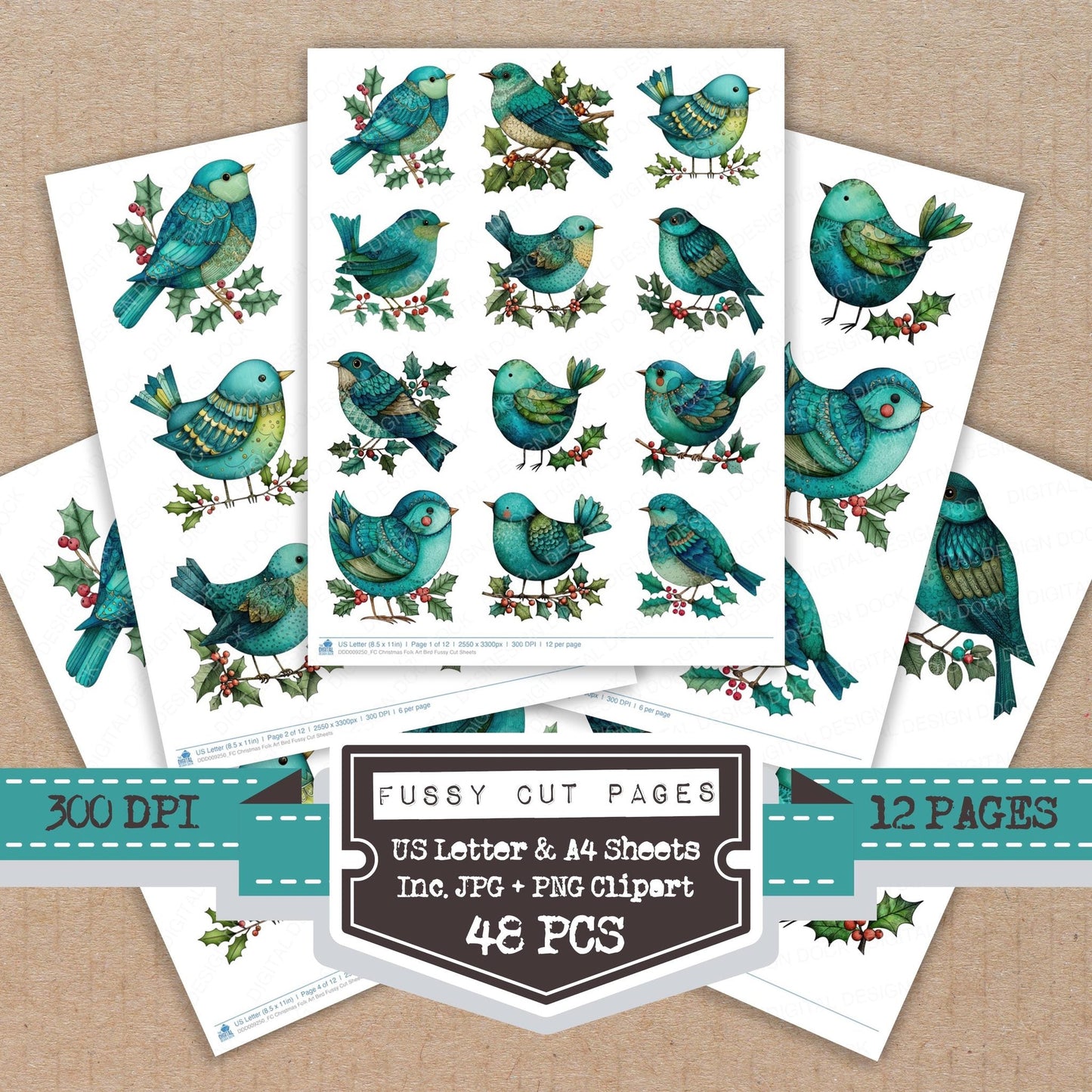 Christmas Folk Art Bird Fussy Cut Sheets (DDD009250)
