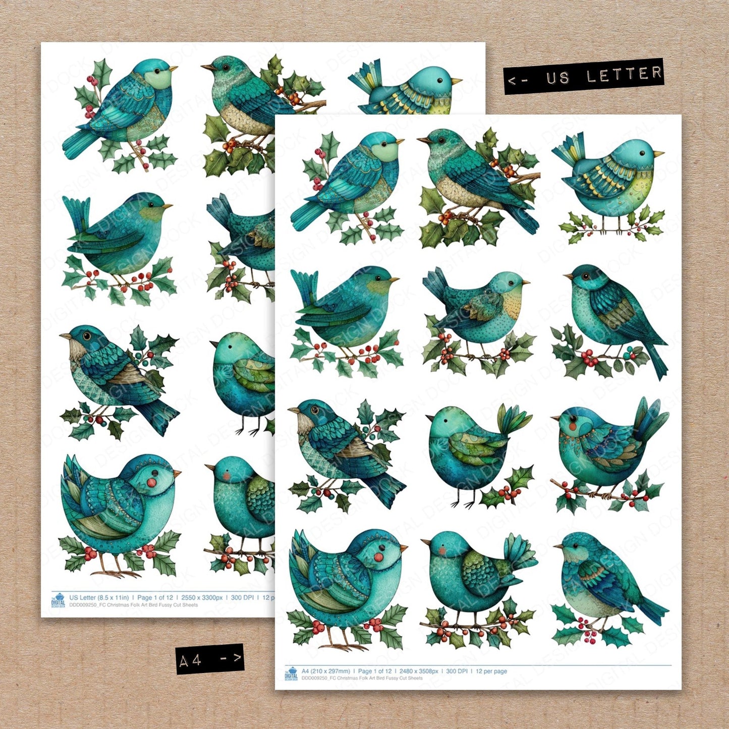Christmas Folk Art Bird Fussy Cut Sheets (DDD009250)