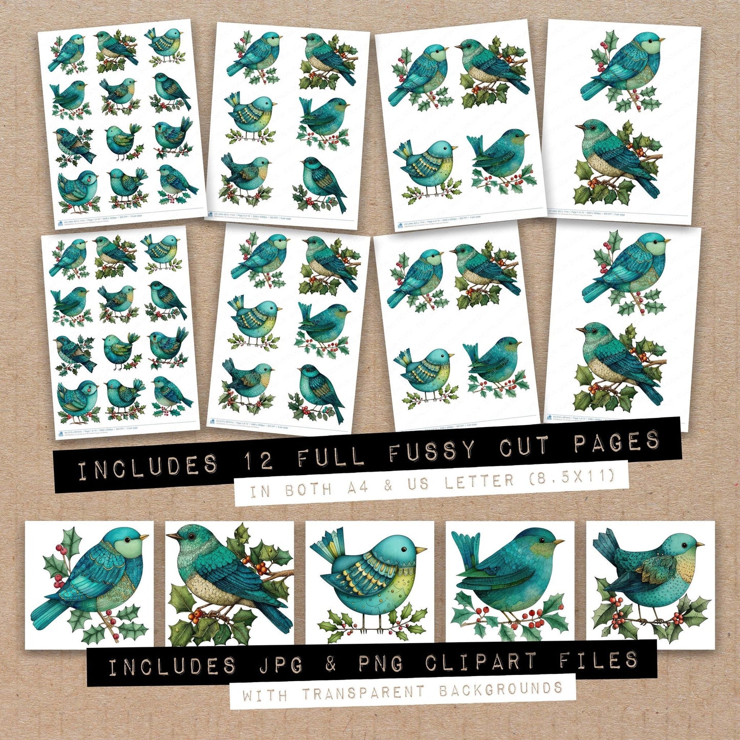 Christmas Folk Art Bird Fussy Cut Sheets (DDD009250)