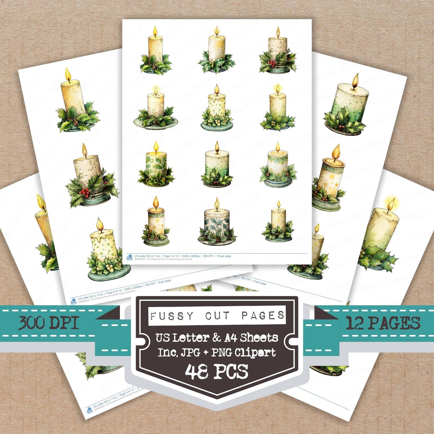 Christmas Folk Art Candle Fussy Cut Sheets (DDD009251)