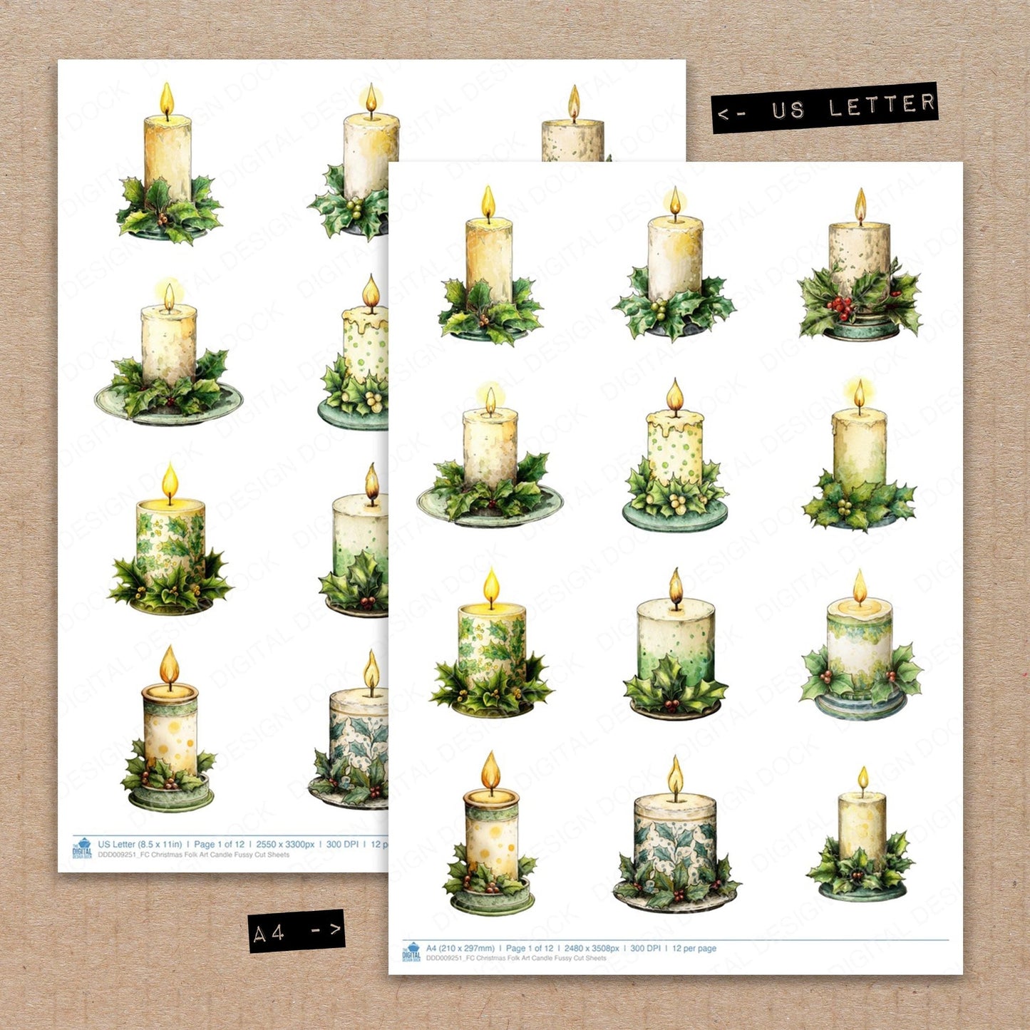Christmas Folk Art Candle Fussy Cut Sheets (DDD009251)