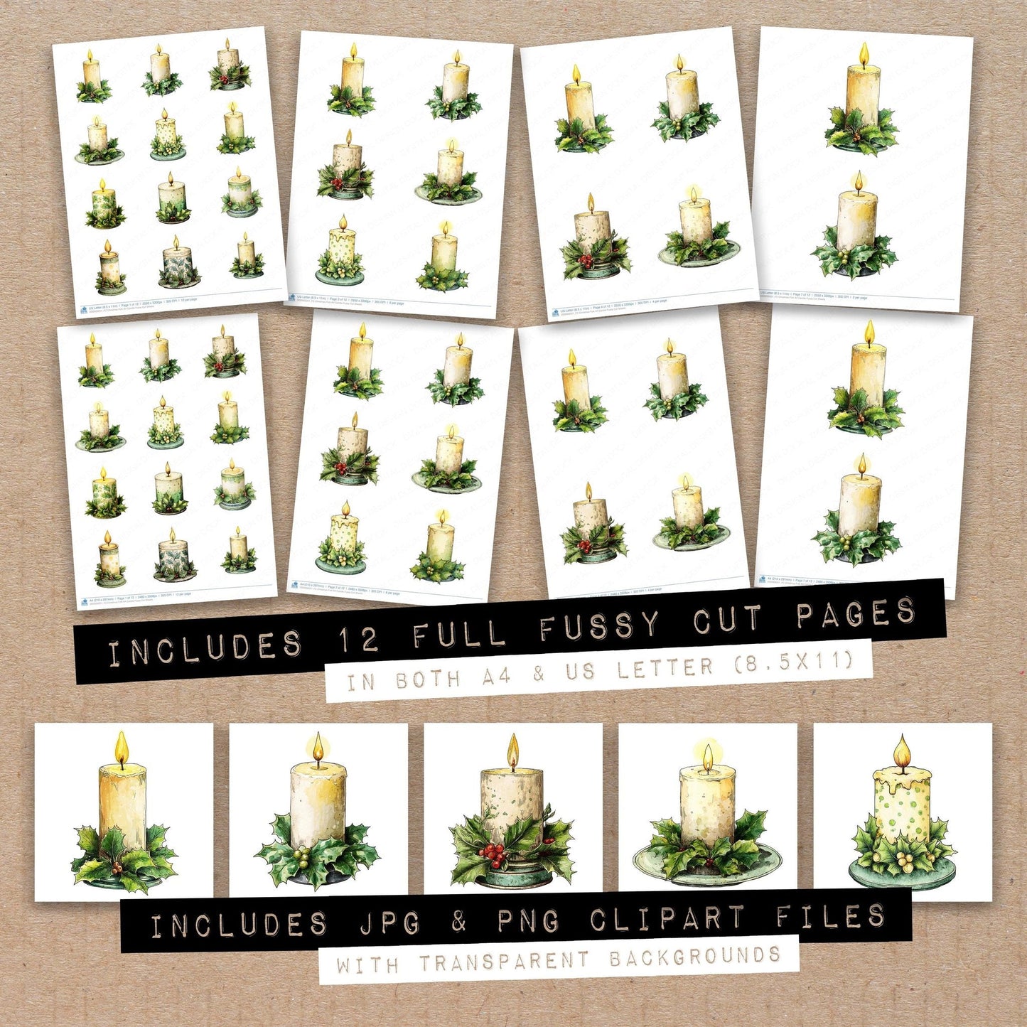 Christmas Folk Art Candle Fussy Cut Sheets (DDD009251)