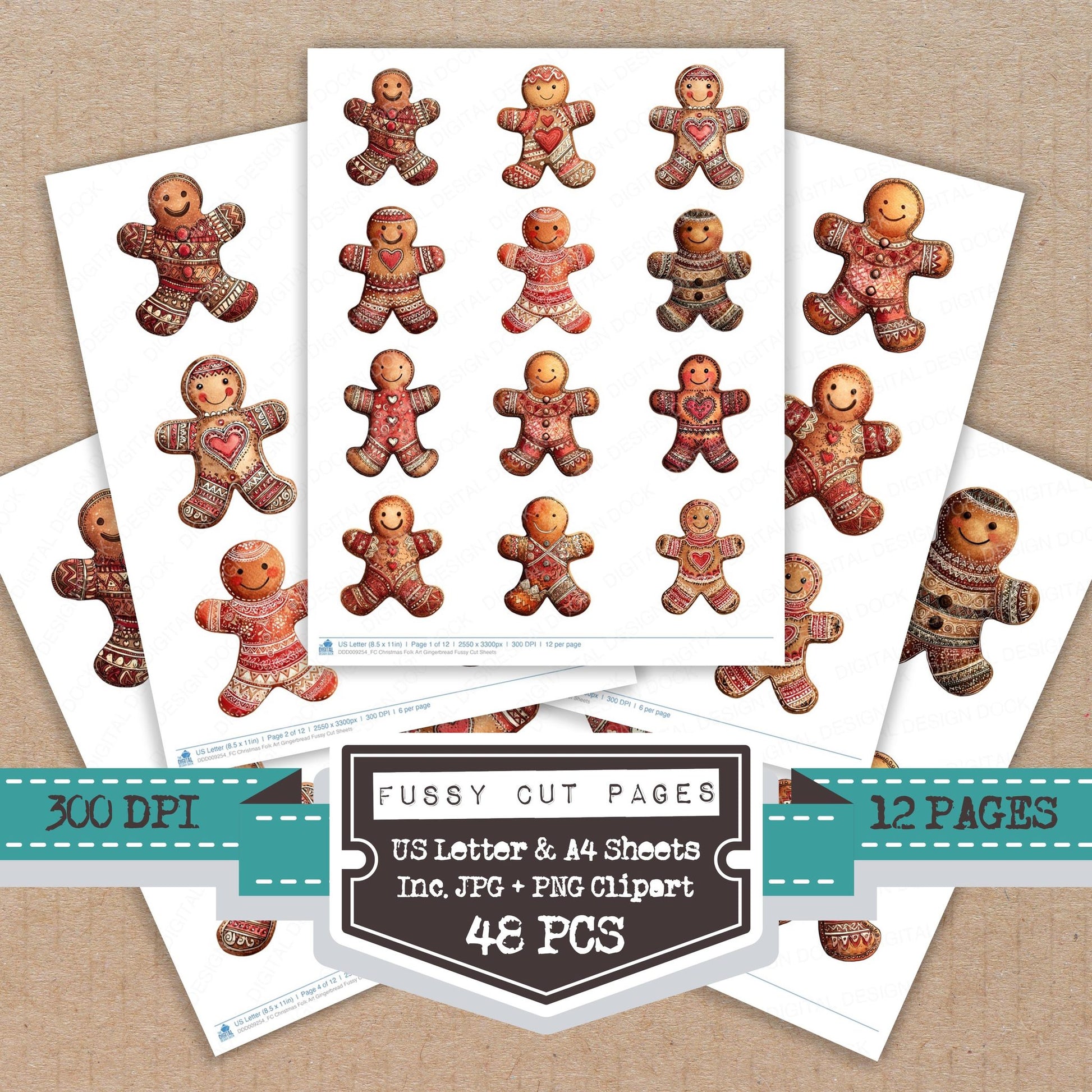 Christmas Folk Art Gingerbread fussy cut printable sheets for junk journaling, scrapbooking, and paper craft projects