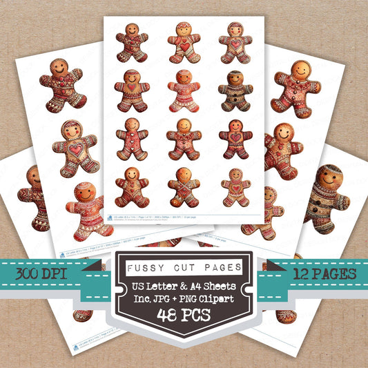 Christmas Folk Art Gingerbread fussy cut printable sheets for junk journaling, scrapbooking, and paper craft projects