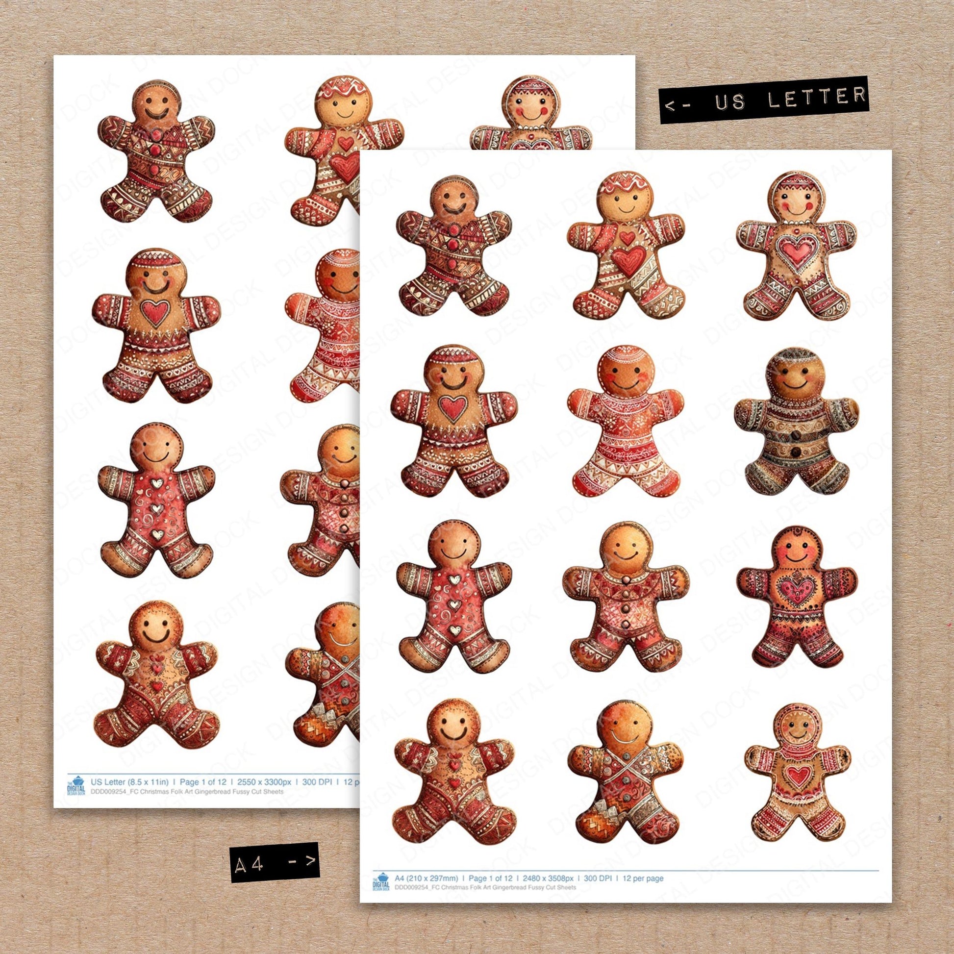 A4 and US Letter format comparison showing Christmas Folk Art Gingerbread fussy cut pages for print and cut crafting