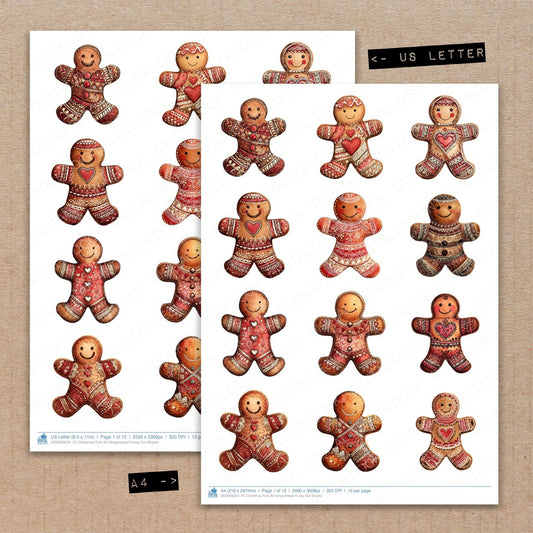 A4 and US Letter format comparison showing Christmas Folk Art Gingerbread fussy cut pages for print and cut crafting