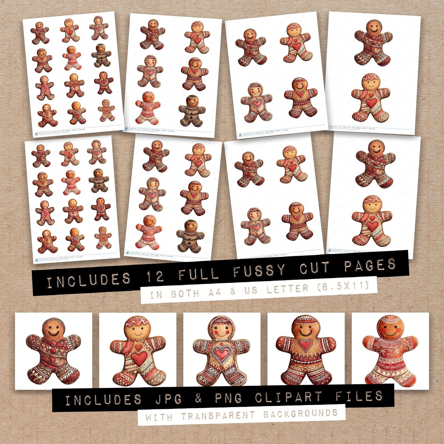 Full collection view of Christmas Folk Art Gingerbread fussy cut sheets with bonus clipart JPG and PNG files